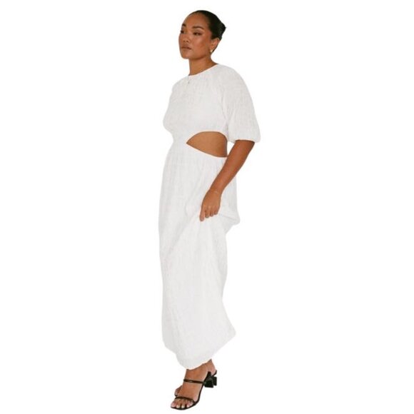 Sabo White Mena Cutout Puff Sleeve Crew Neck Stretch Lined Midi Dress Size XS - Picture 3 of 12